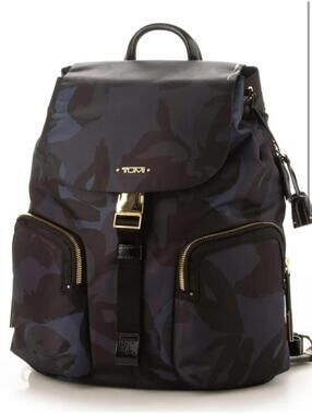 PRISTINE Tumi Voyager Rivas Black Camouflage Nylon Backpack with Gold Hardware